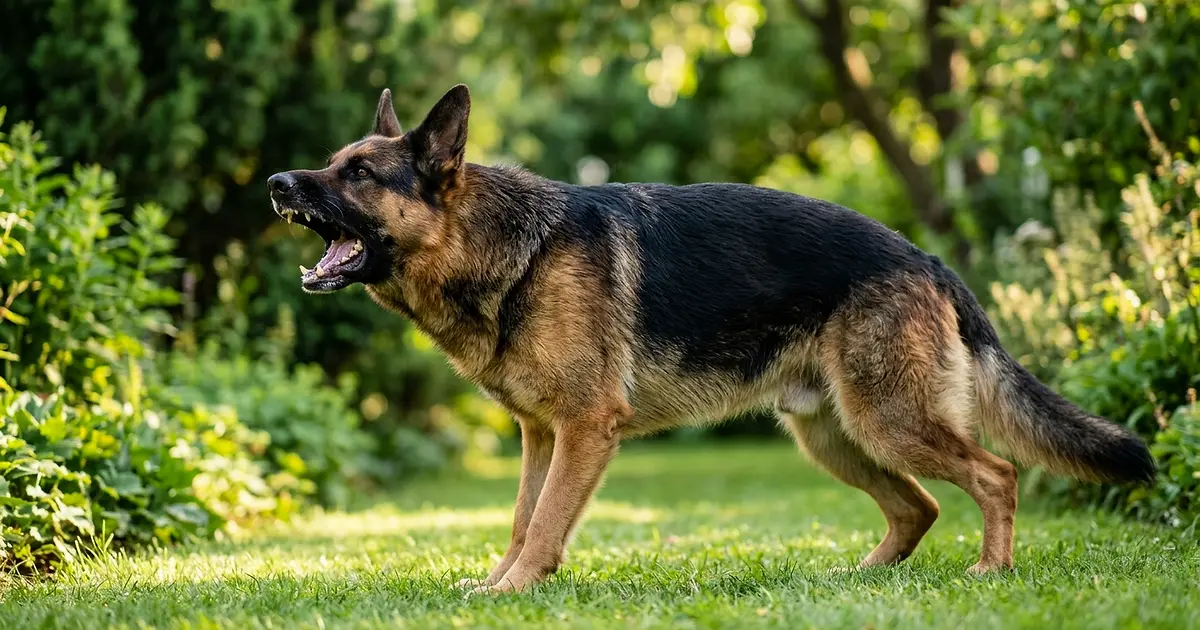 Berger Allemand aboyant dans un jardin ensoleillé, vue de profil