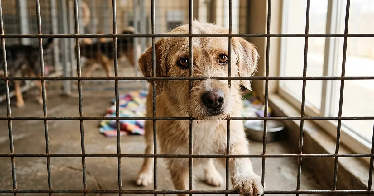 Chien dans un refuge regardant à travers les barreaux avec un regard plein d'espoir