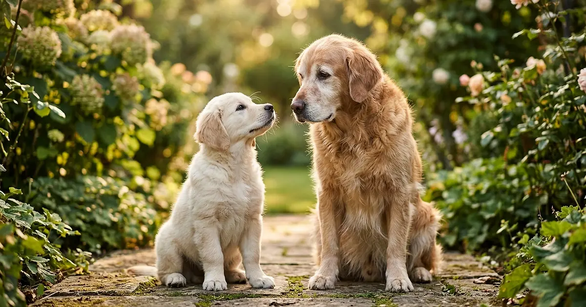 Chiot et chien âgé côte à côte dans un jardin ensoleillé