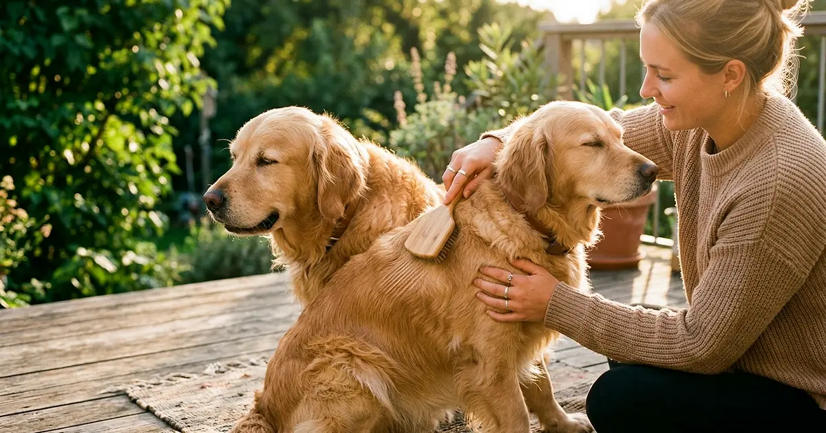 Propriétaire brossant le pelage doré d'un Golden Retriever dans un jardin ensoleillé