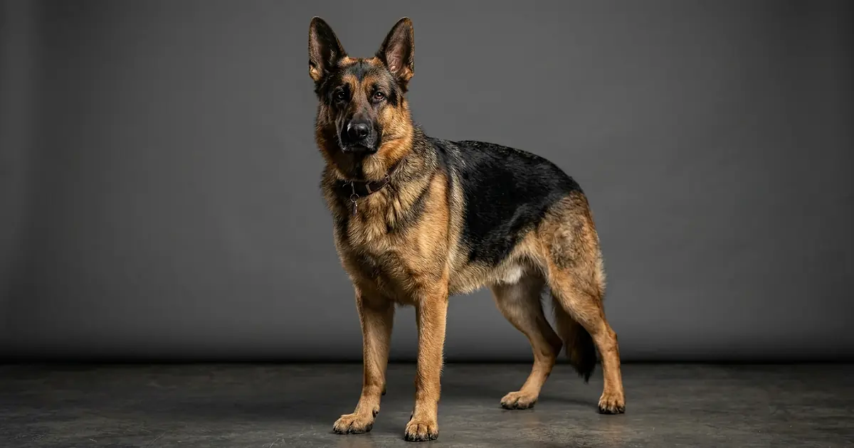 Berger Allemand imposant en position d'alerte sur fond gris en studio