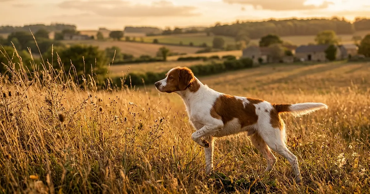 Épagneul Breton en posture d'arrêt dans un champ d'herbes hautes en automne