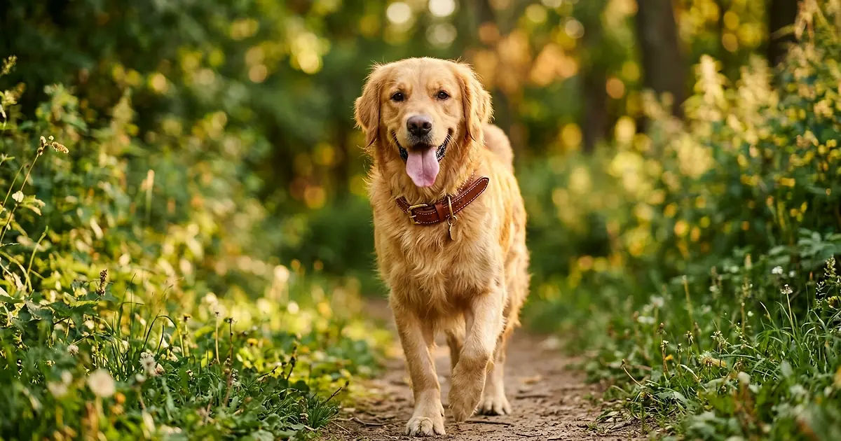 Golden Retriever portant un collier en cuir lors d'une promenade en forêt