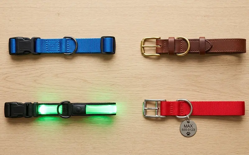 Quatre types de colliers pour chien : nylon, cuir, lumineux LED et collier avec médaille