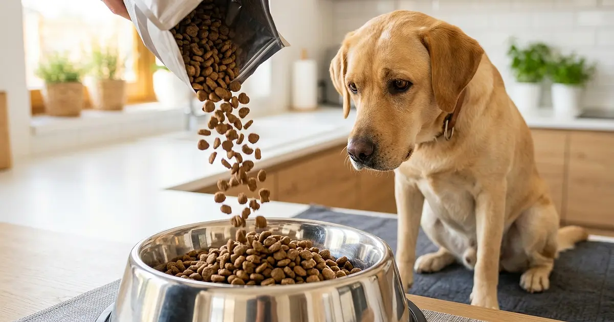 Croquettes versées dans une gamelle en inox devant un Labrador patient dans une cuisine moderne