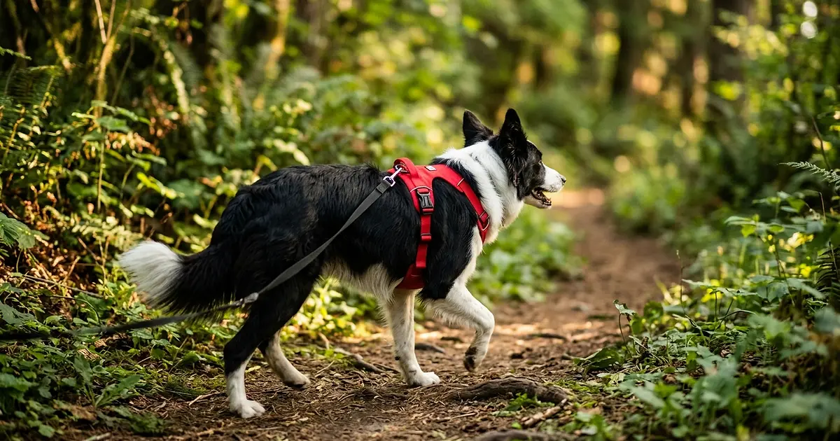 Border Collie portant un harnais sport rouge lors d'une promenade en forêt