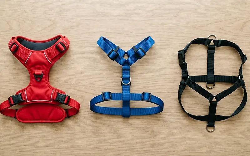 Trois types de harnais pour chien posés sur un fond en bois clair