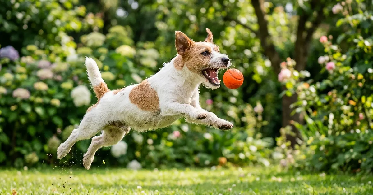 Jack Russell Terrier bondissant pour attraper une balle orange dans un jardin