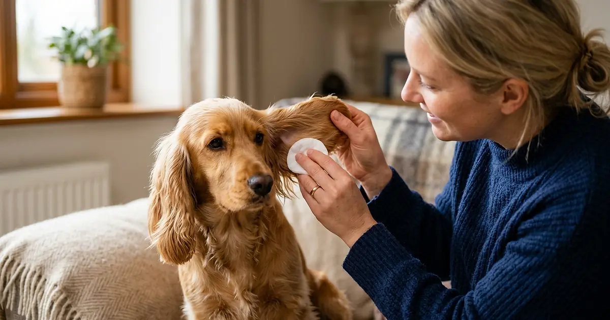 Propriétaire nettoyant délicatement l'oreille d'un Cocker Spaniel avec une compresse