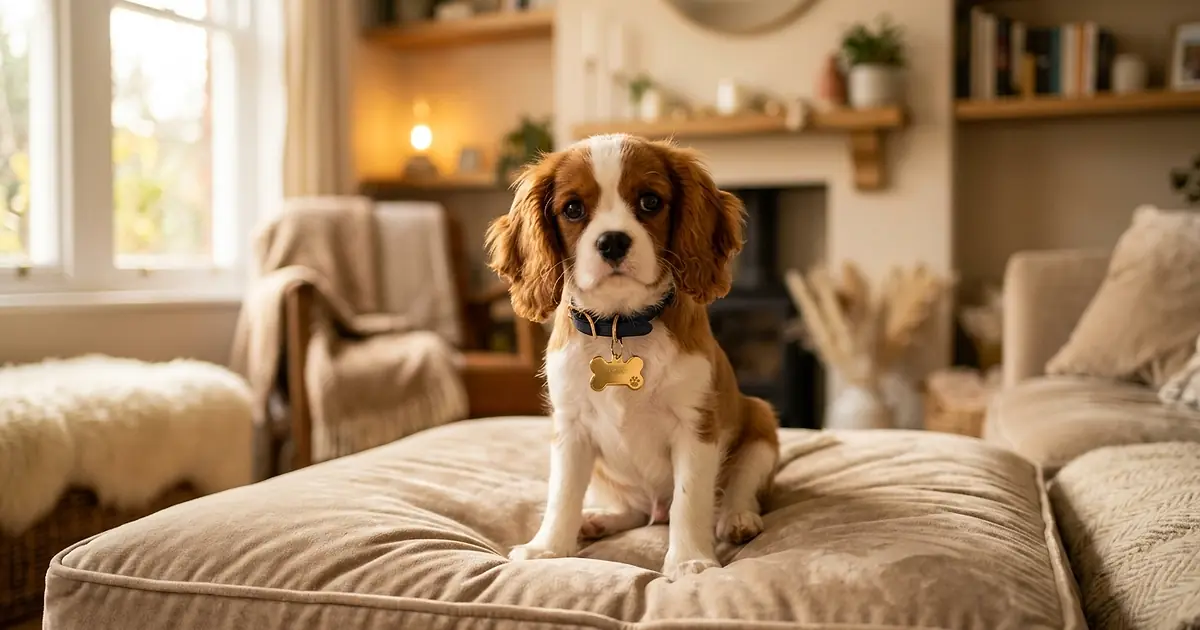 Chiot Cavalier King Charles portant une médaille avec son prénom