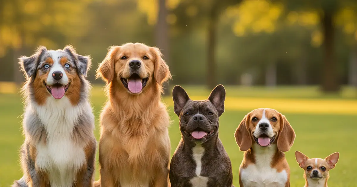 Cinq chiens de races différentes assis côte à côte dans un parc