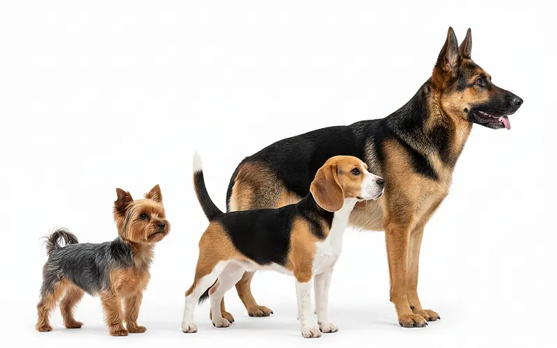 Comparaison de taille entre un Yorkshire Terrier, un Beagle et un Berger Allemand