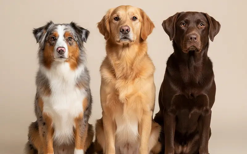 Les trois races de chiens les plus populaires en France : Berger Australien, Golden Retriever et Labrador chocolat