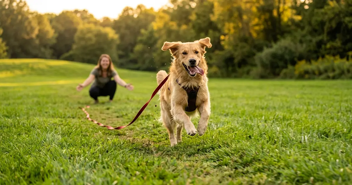 Chien courant joyeusement vers son propriétaire dans un pré avec une longe traînante