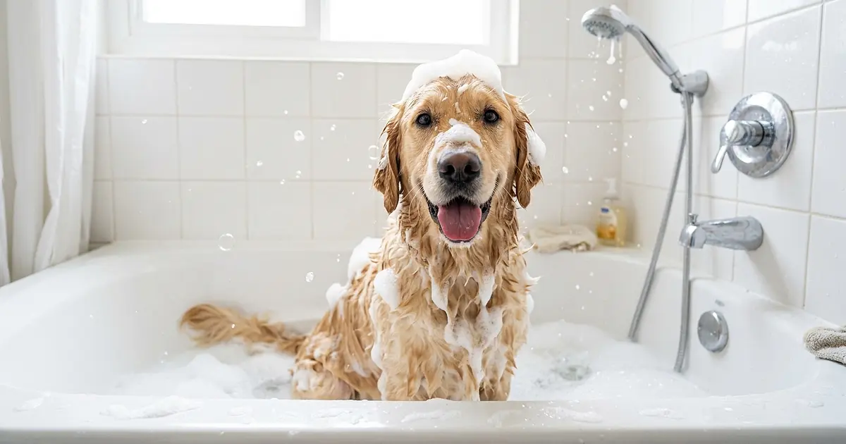 Chien dans une baignoire recouvert de mousse de shampooing avec une expression amusante