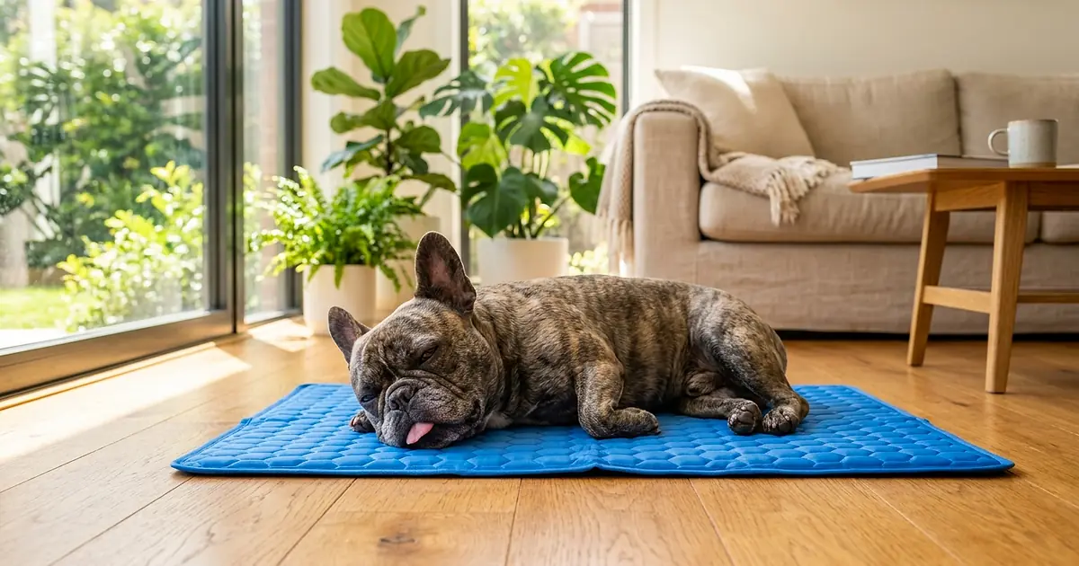 Bouledogue Français allongé sur un tapis rafraîchissant bleu dans un salon lumineux en été