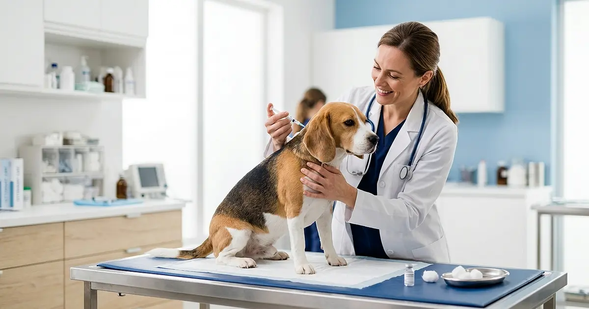 Vétérinaire administrant un vaccin à un Beagle calme dans un cabinet lumineux