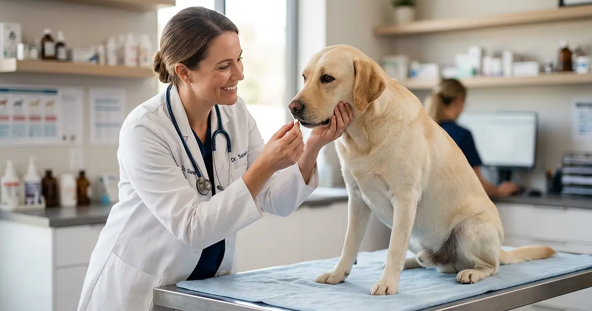 Vétérinaire donnant un comprimé vermifuge à un Labrador doré sur une table d'examen