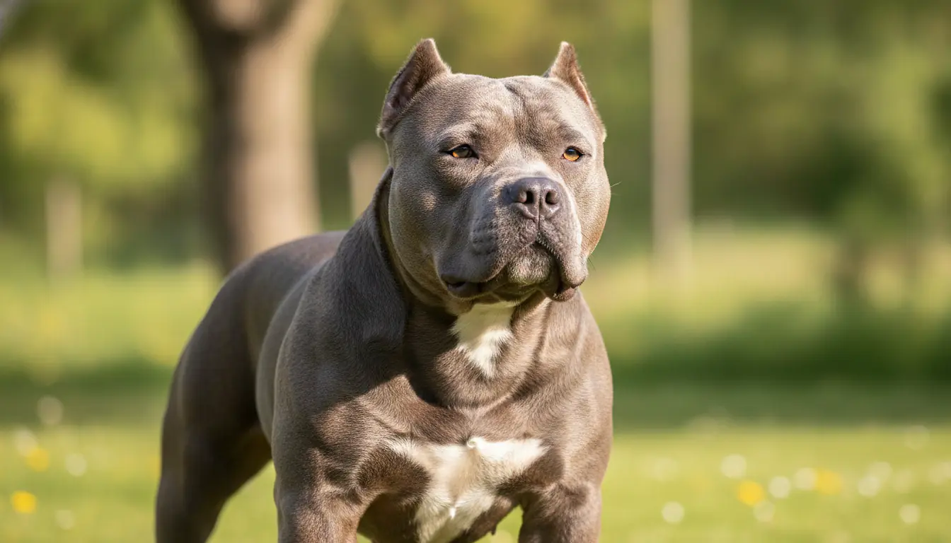 Portrait d'un American Bully musclé au pelage court dans un jardin ensoleillé