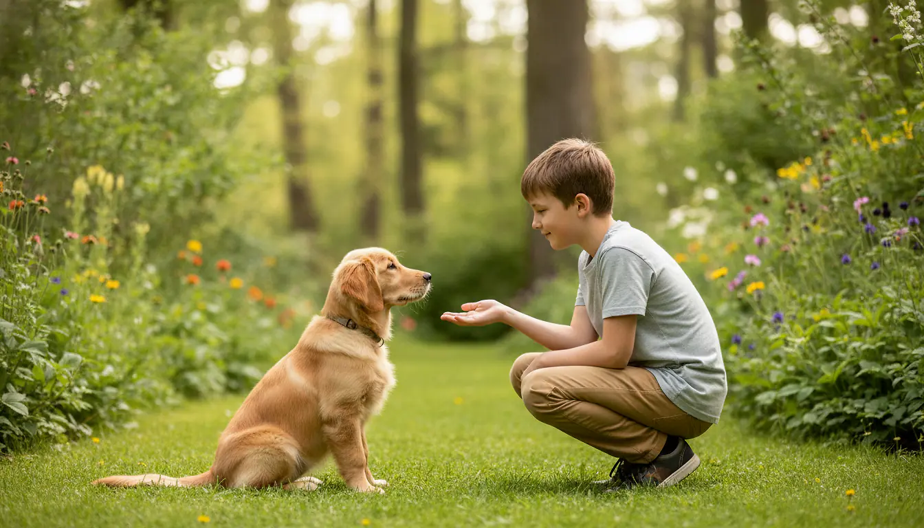 Chiot assis en position d'écoute face à son jeune maître accroupi dans un jardin verdoyant